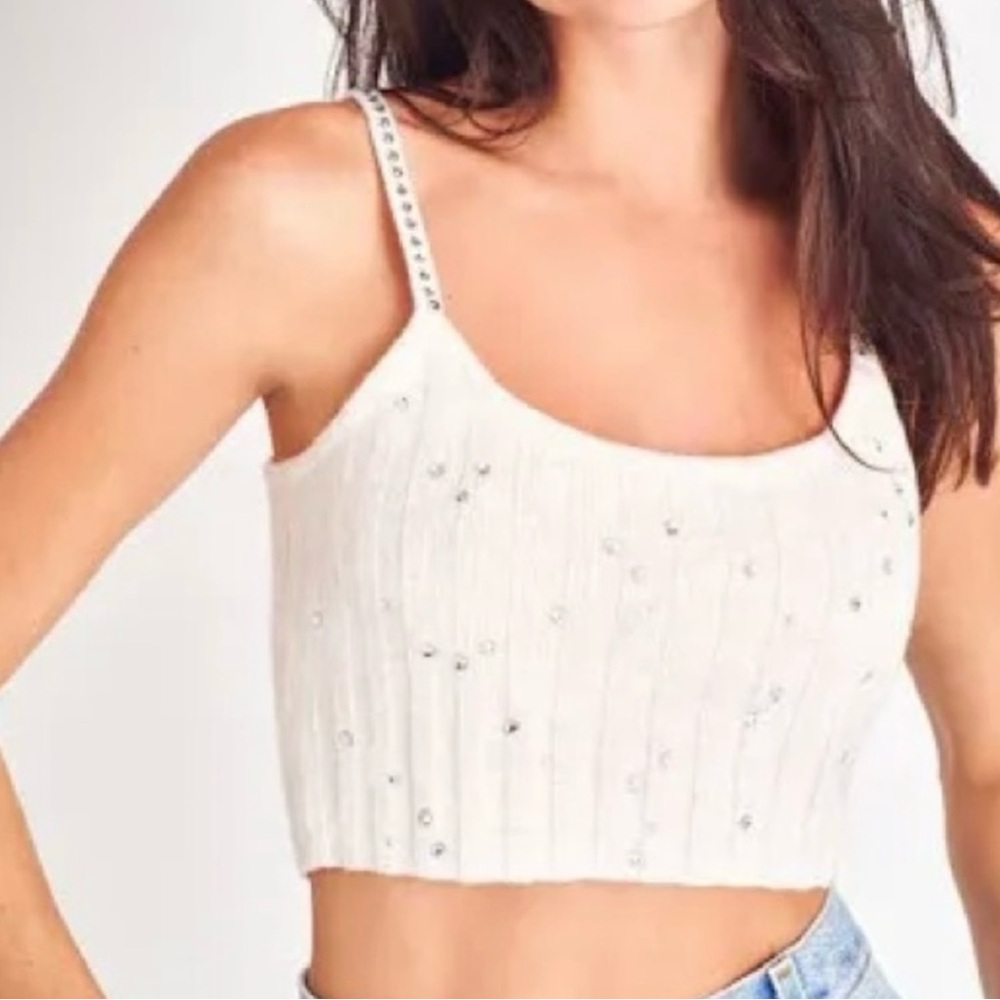 LoveShackFancy Cream Celmira Embellished Crop Tank cashmere/wool Top